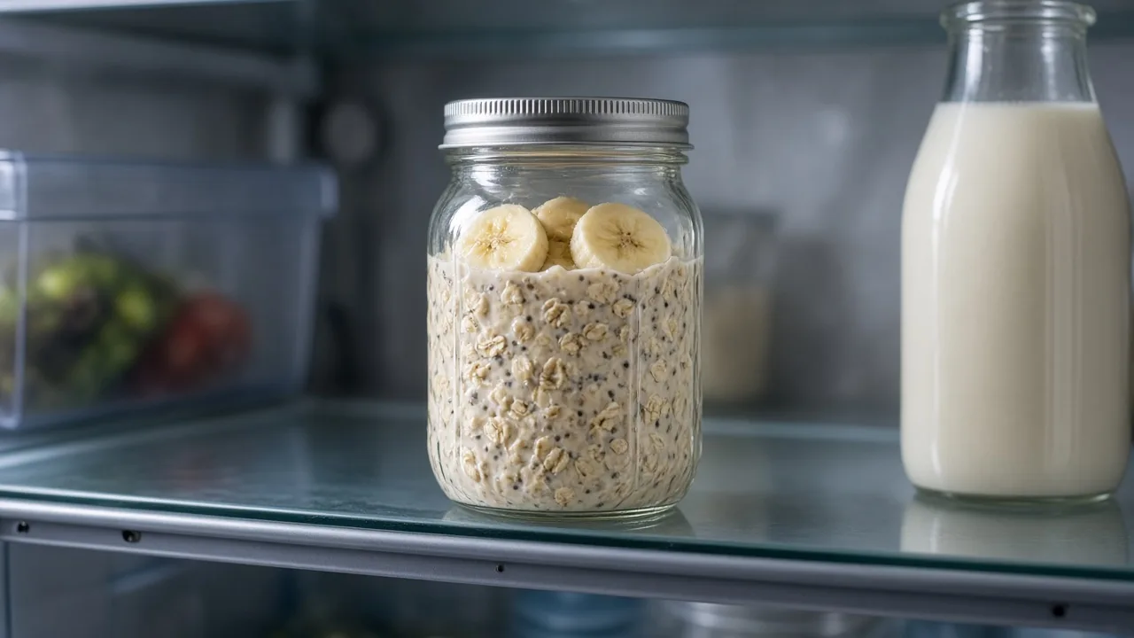 Frasco de overnight oats com banana no frigorífico, preparado de véspera